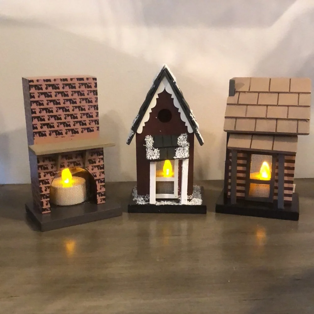 DARICE CRAFTWOOD MINIATURE FIREPLACE, SNOW HOUSE AND LOG HOUSE NIGHT LIGHT